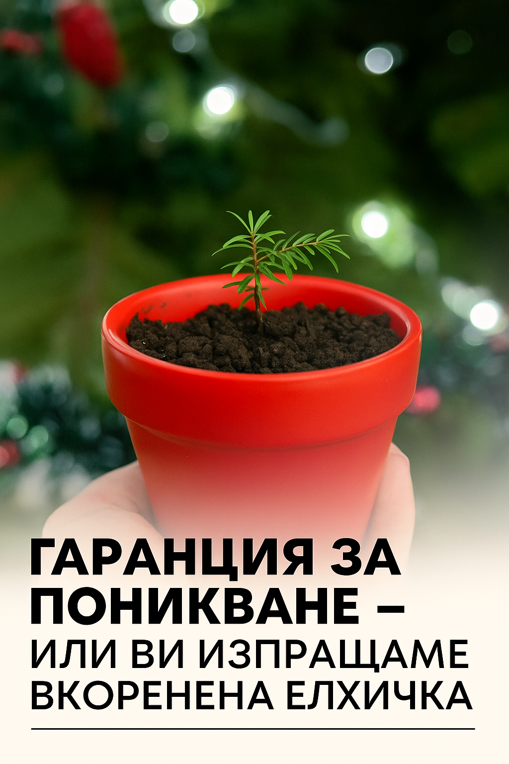 Вкоренена елхичка в червена саксийка – готова за изпращане